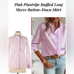 Gap Women Pink Pinstripe Ruffled Long Sleeve Button-Down Shirt